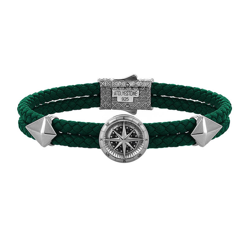 Mens Compass Leather Bracelet - Dark Green Leather - Gunmetal