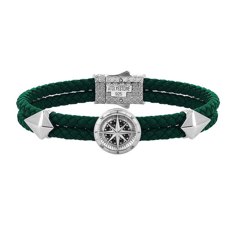 Mens Compass Leather Bracelet - Dark Green Leather - Solid Silver