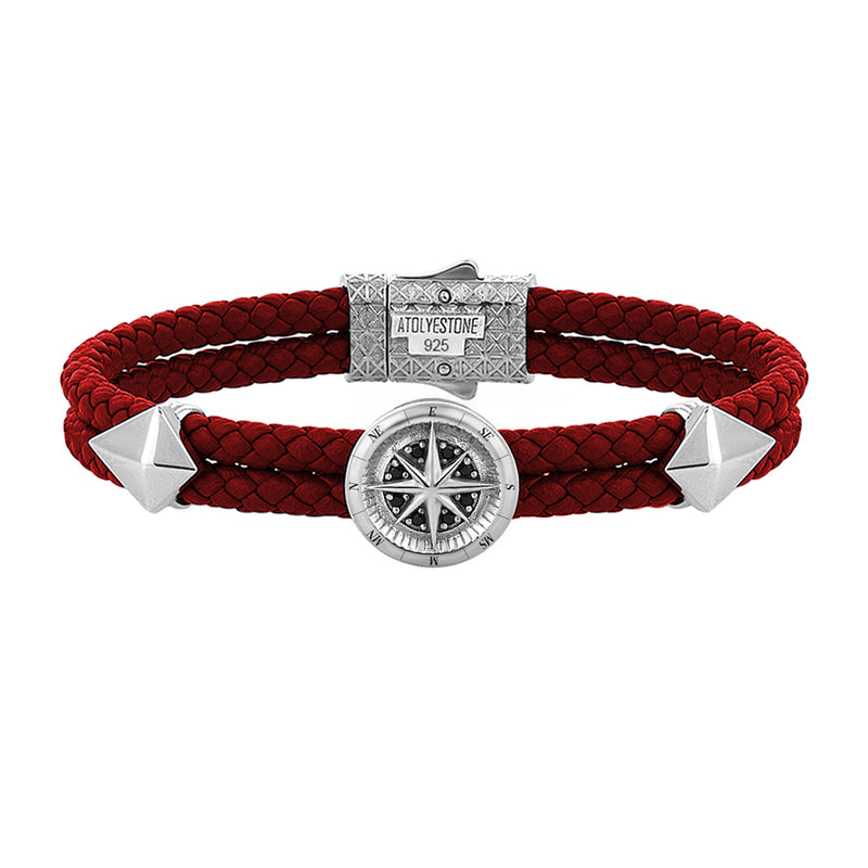 Mens Compass Leather Bracelet - Dark Red Leather - Solid Silver