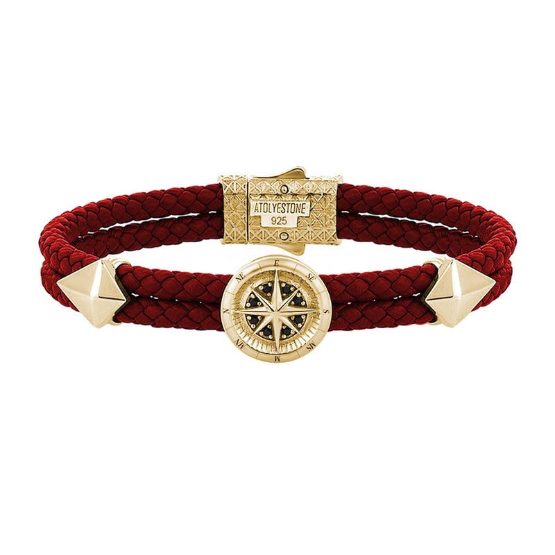 Mens Compass Leather Bracelet - Dark Red Leather - Yellow Gold