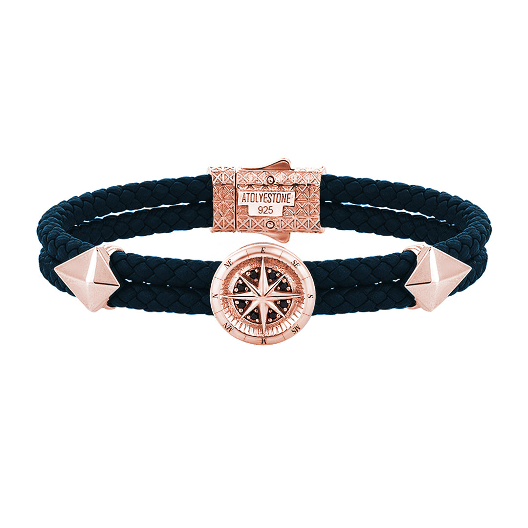 Compass Leather Bracelet - Rose Gold - Navy Nappa