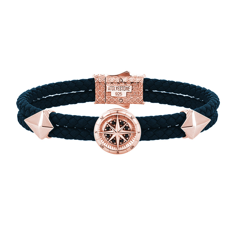 Compass Leather Bracelet - Rose Gold - Navy Nappa