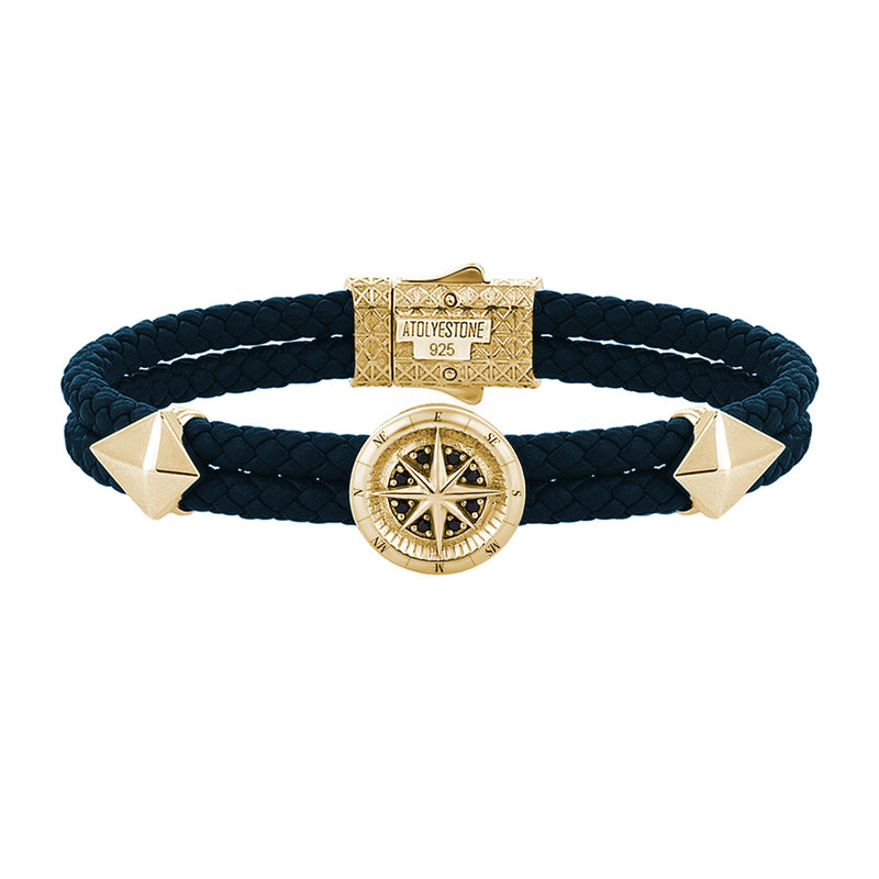Compass Leather Bracelet - Yellow Gold - Navy Nappa