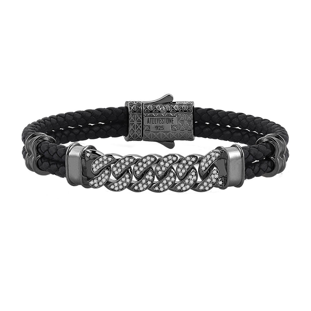 Mens Cuban Links Leather Bracelet - Black Leather - Gunmetal