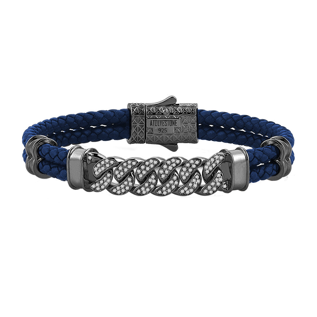 Mens Cuban Links Leather Bracelet - Blue Leather - Gunmetal