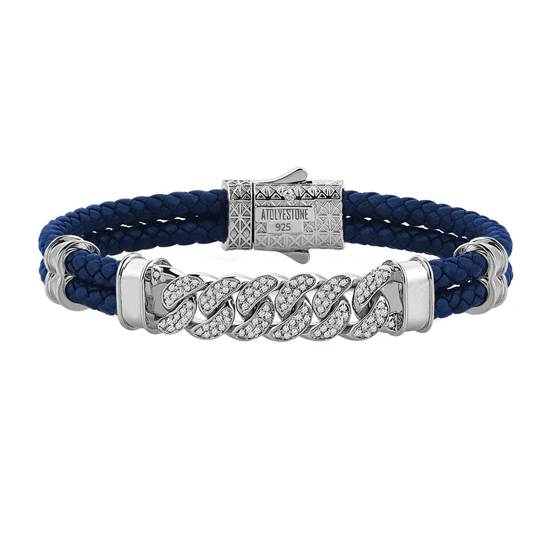 Mens Cuban Links Leather Bracelet - Blue Leather - Silver