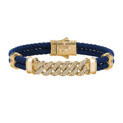 Mens Cuban Links Leather Bracelet - Blue Leather - Yellow Gold