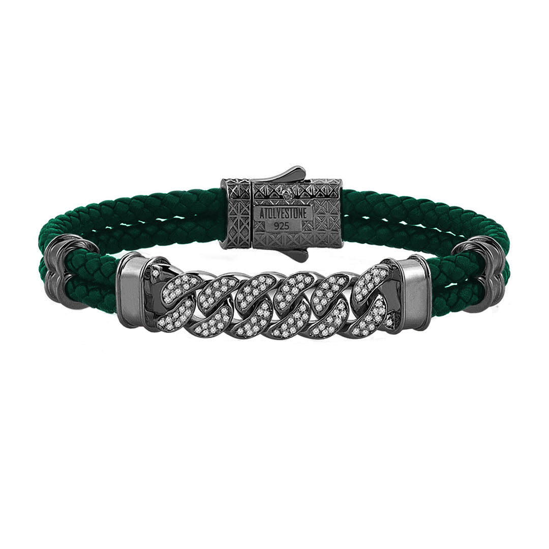 Mens Cuban Links Leather Bracelet - Dark Green Leather - Gunmetal