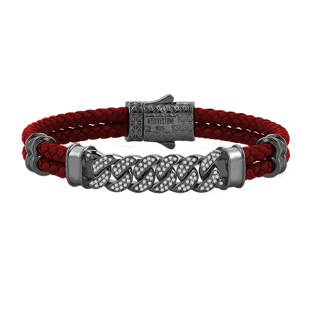 Mens Cuban Links Leather Bracelet - Dark Red Leather - Gunmetal