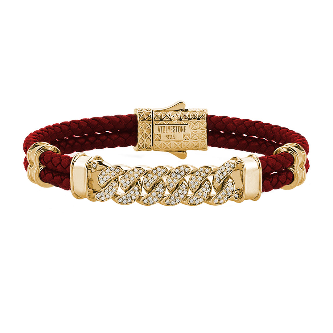 Mens Cuban Links Leather Bracelet - Dark Red Leather - Yellow Gold