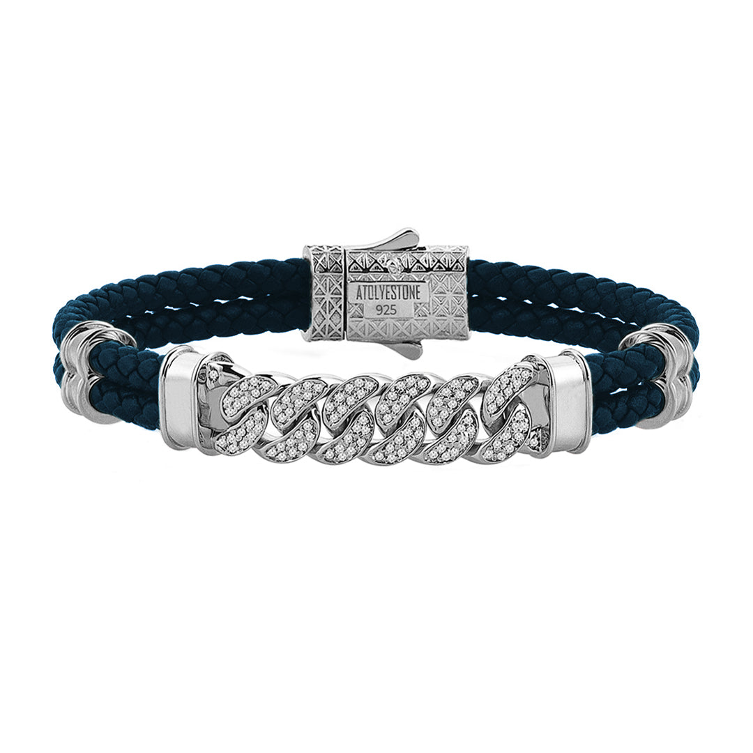 Mens Cuban Links Leather Bracelet - Navy Leather - Silver