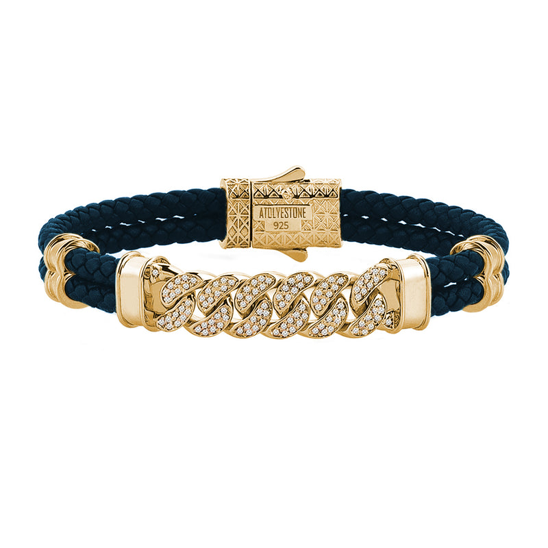 Mens Cuban Links Leather Bracelet - Navy Leather - Yellow Gold