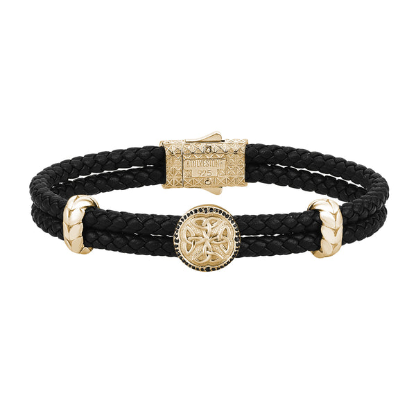 Men's Black Braided Leather Bracelet with Silver Celtic Design - Yellow Gold