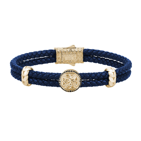 Men's Blue Braided Leather Bracelet with Silver Celtic Design - Yellow Gold