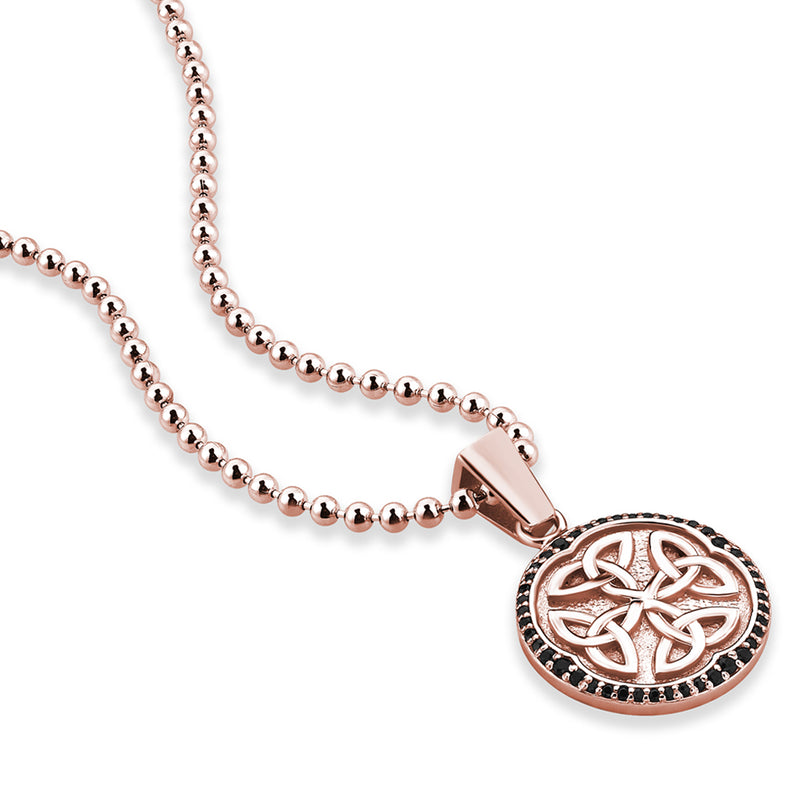 Men's Real Rose Gold Celtic Pendant Necklace Paved with Black CZ