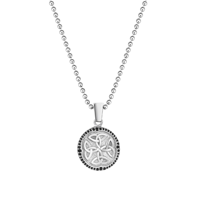 Men's Real White Gold Celtic Pendant Necklace Paved with Black CZ