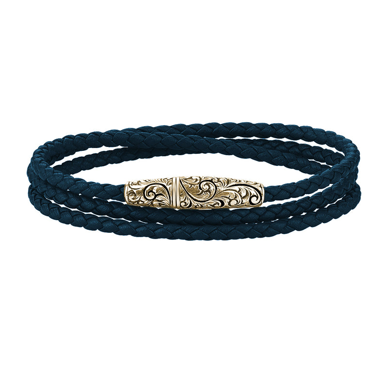 Classic Wrap Leather Bracelet - Solid Yellow Gold - Navy Nappa