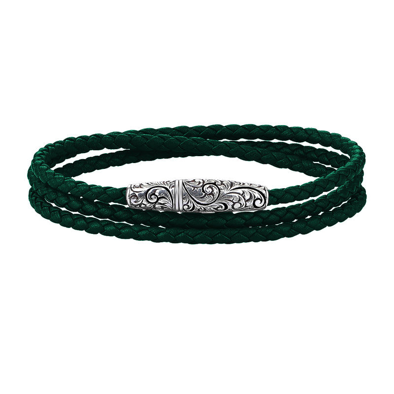 Classic Wrap Leather Bracelet - Solid Silver - Silver - Dark Green Leather