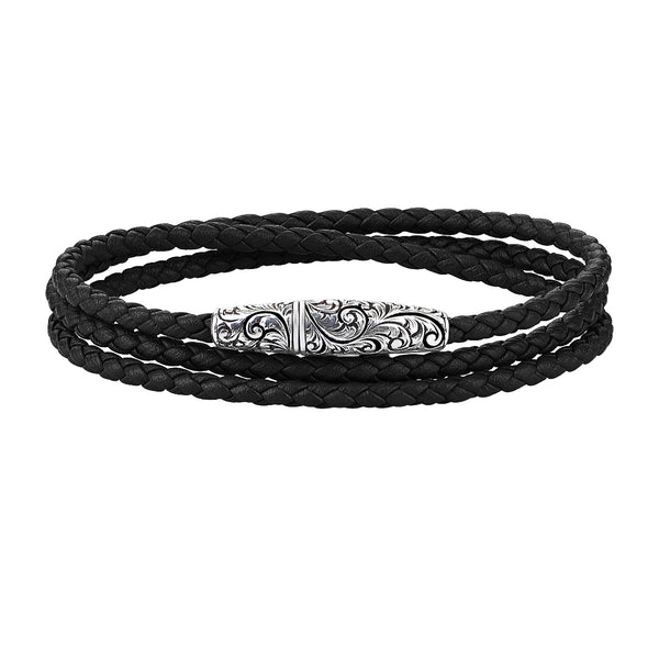 Classic Wrap Leather Bracelet - Solid White Gold - Black Leather