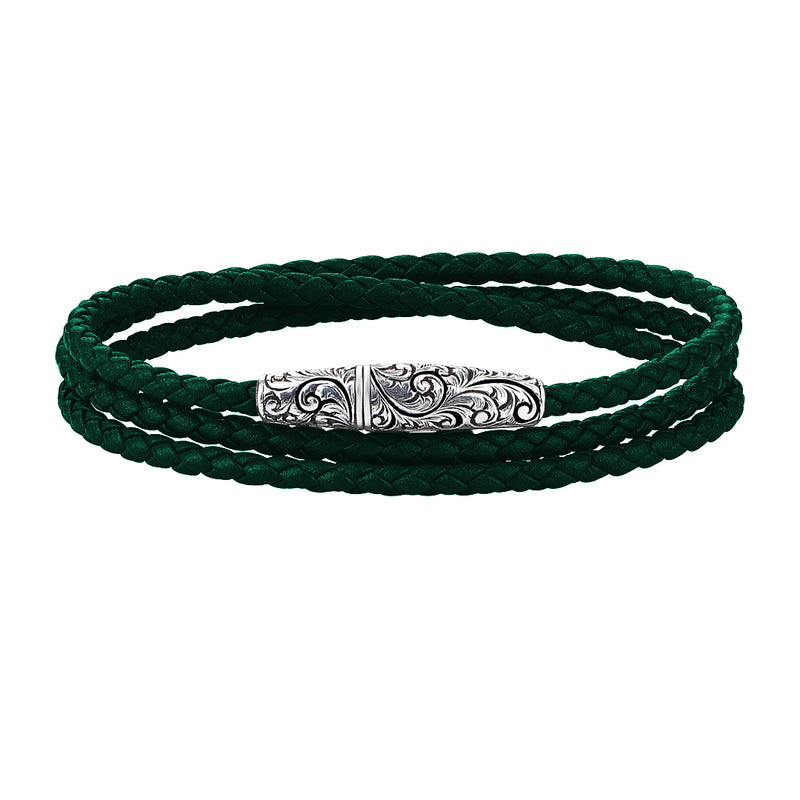 Classic Wrap Leather Bracelet - Solid White Gold - Dark Green Leather