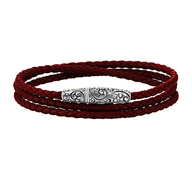 Classic Wrap Leather Bracelet - Solid White Gold - Dark Red Leather