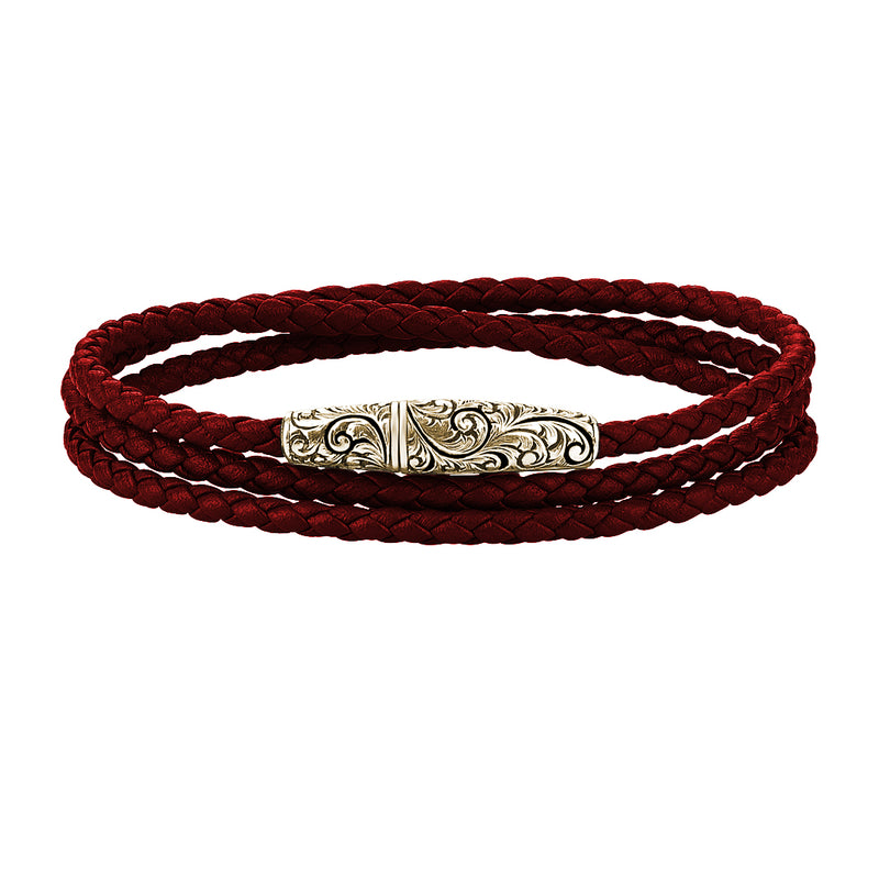 Classic Wrap Leather Bracelet - Solid Yellow Gold - Dark Red Leather