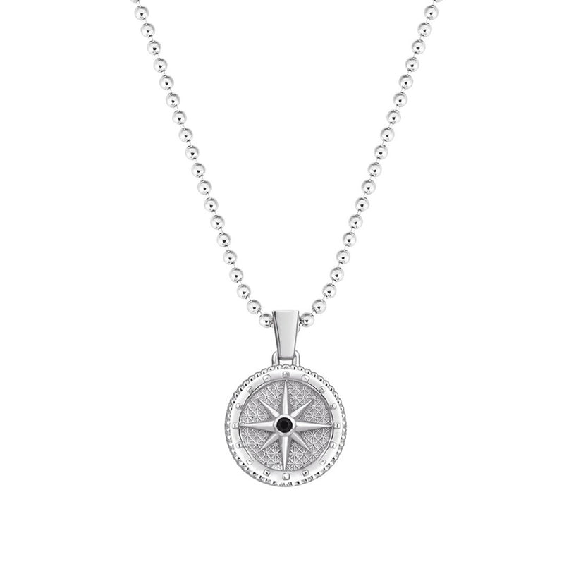 Compass Necklace in White Gold - Black CZ