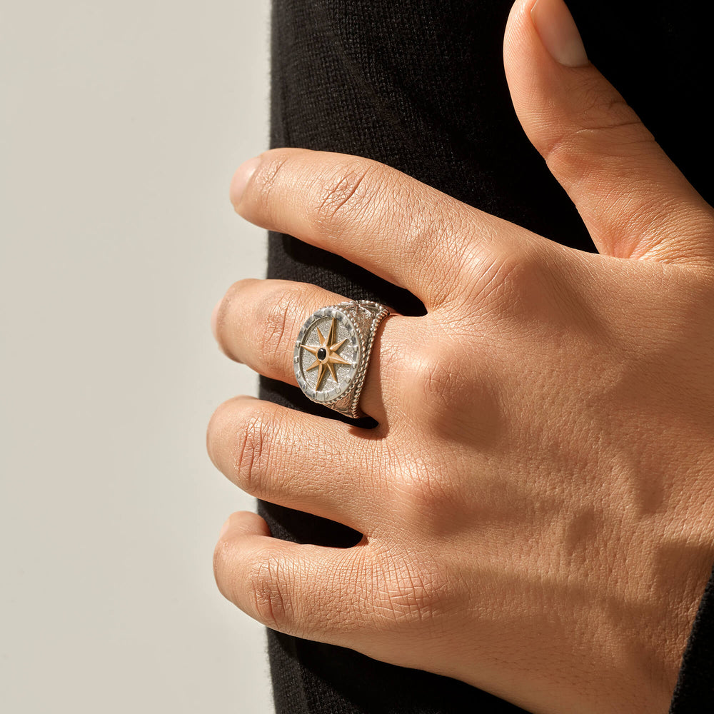 Men's Compass Silver Ring with Gold & Diamond - Atolyestone