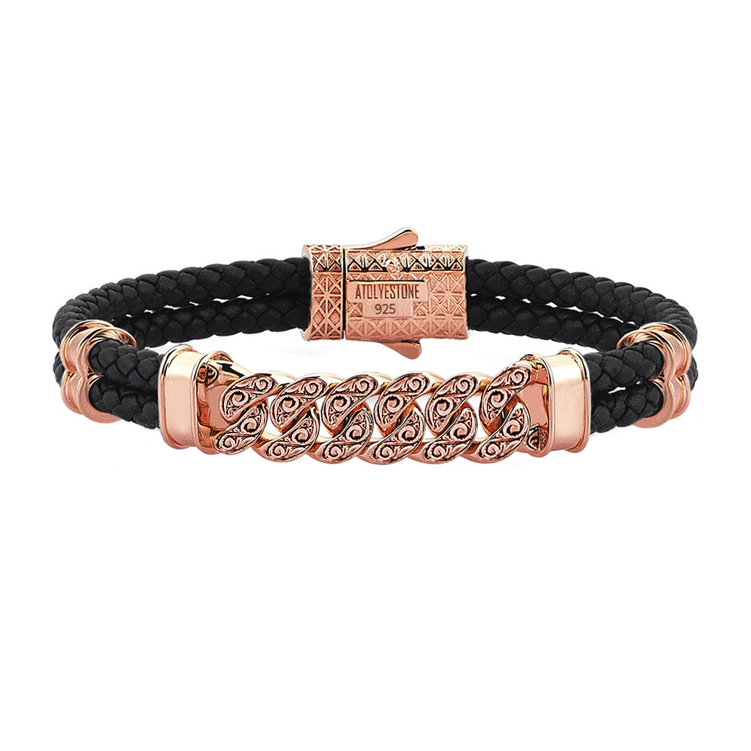 Men's Classic Cuban Links Leather Bracelet -Black Leather- Rose Gold