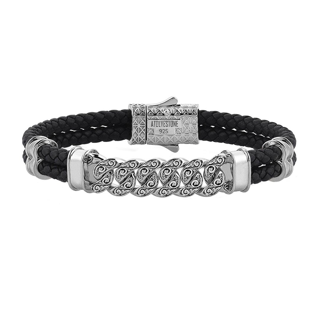 Men's Classic Silver Cuban Links Leather Bracelet - Black Leather
