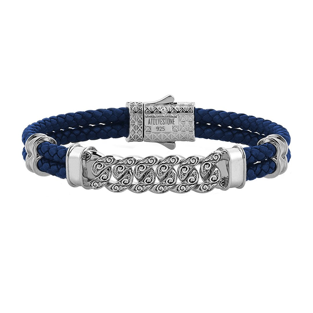 Men's Classic Cuban Links Leather Bracelet -Blue Leather - Silver