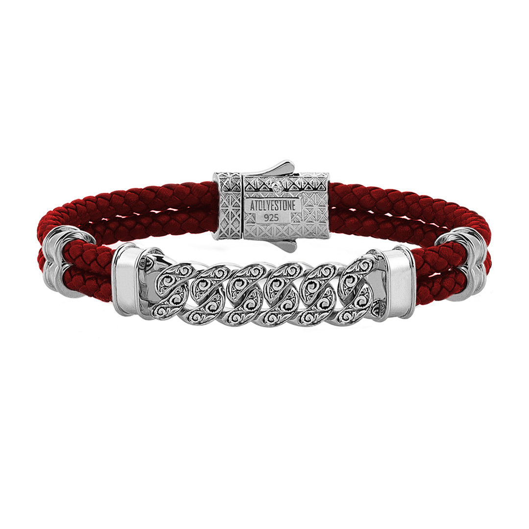 Men's Classic Silver Cuban Links Leather Bracelet - Dark Red
