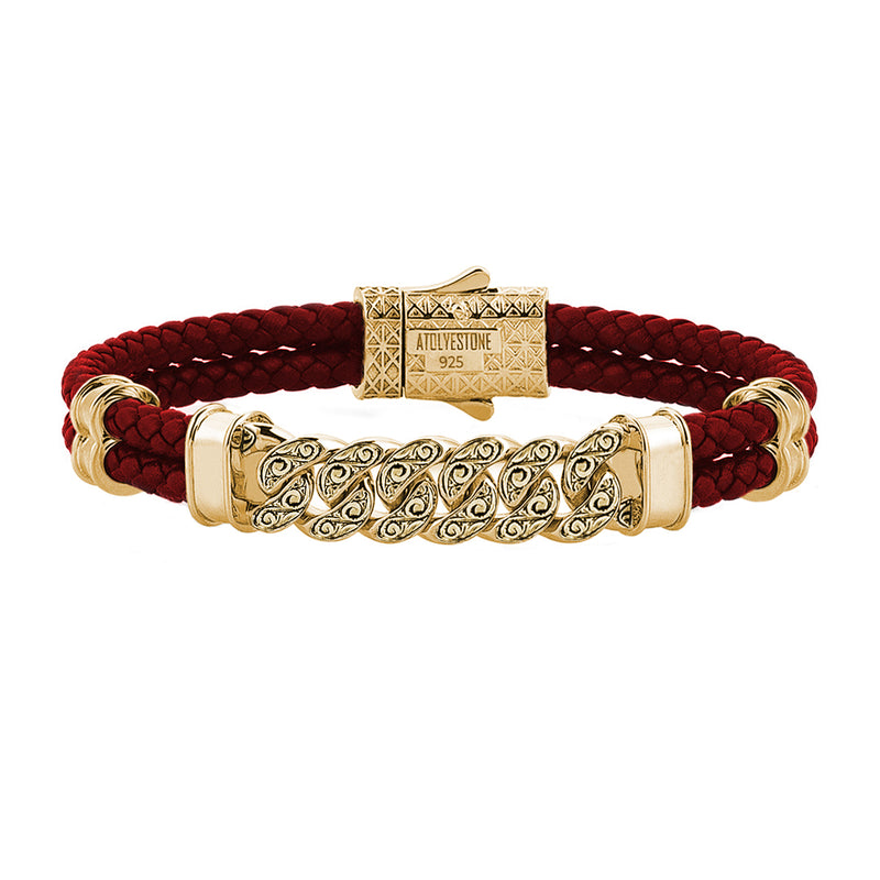 Men's Classic Cuban Links Leather Bracelet - Dark Red Leather - Yellow Gold