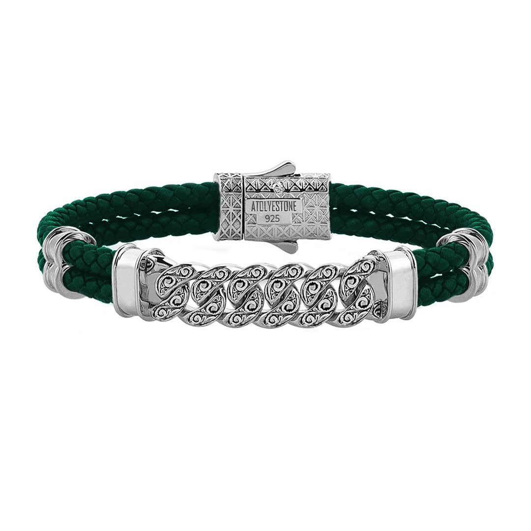 Men's Classic Silver Cuban Links Leather Bracelet - Green 