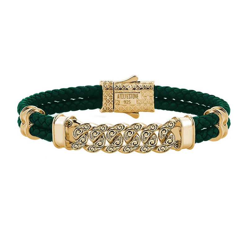 Men's Classic Cuban Links Leather Bracelet -Yellow Gold -Green Leather