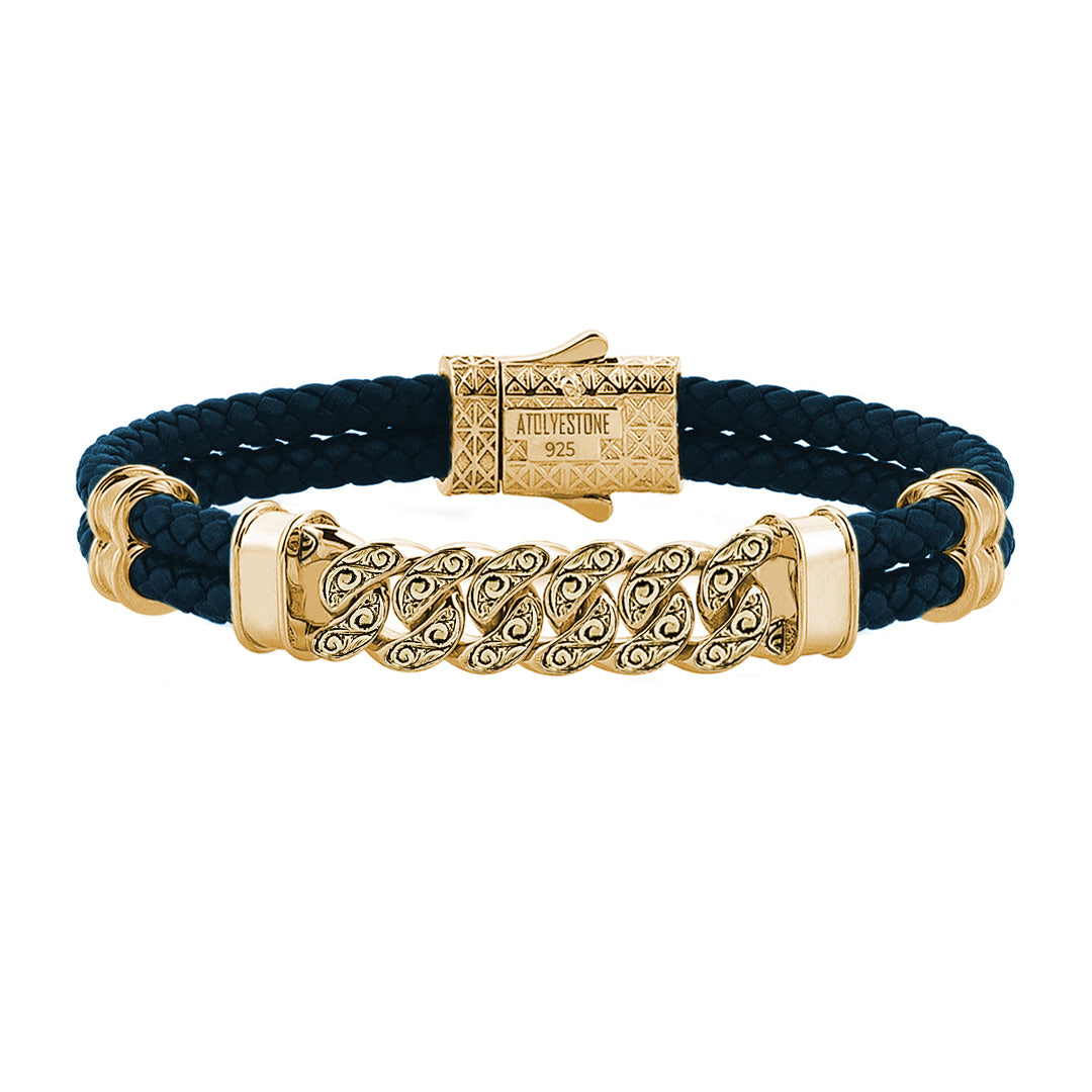 Men's Classic Cuban Links Leather Bracelet - Yellow Gold - Navy