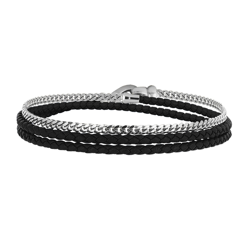 Men's Solid Silver Cuban Chain & Black Leather Wrap Bracelet 
