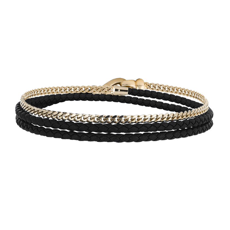 Men's Solid Silver Cuban Chain & Black Leather Wrap Bracelet - Yellow Gold