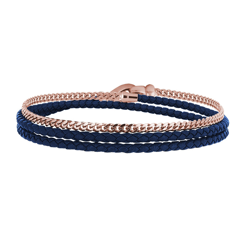 Men's Solid Silver Cuban Chain & Blue Leather Wrap Bracelet - Rose Gold