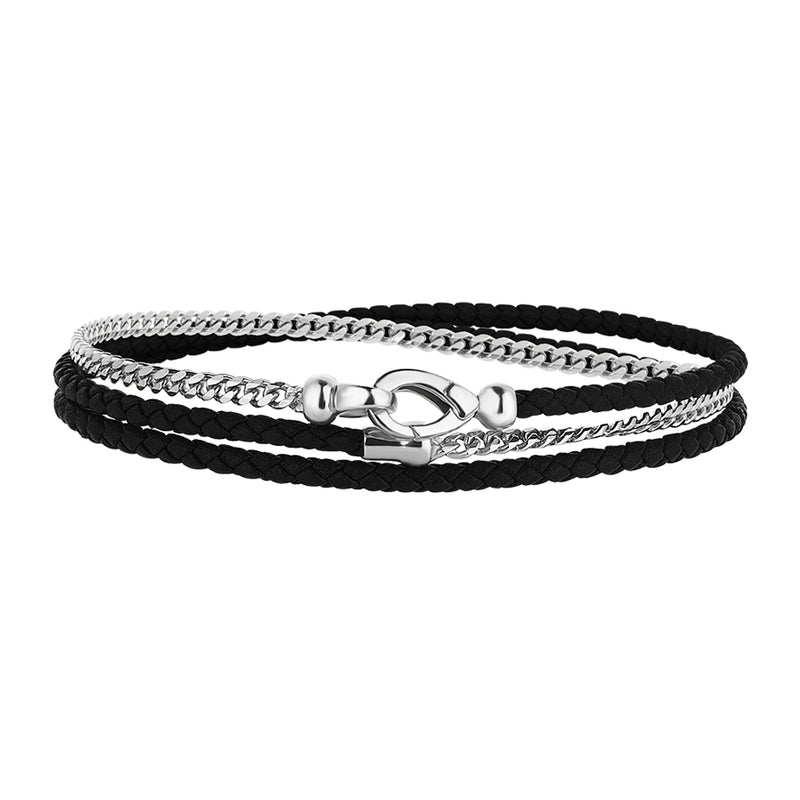 Men's Sterling Silver Cuban Chain & Black Leather Wrap Bracelet 