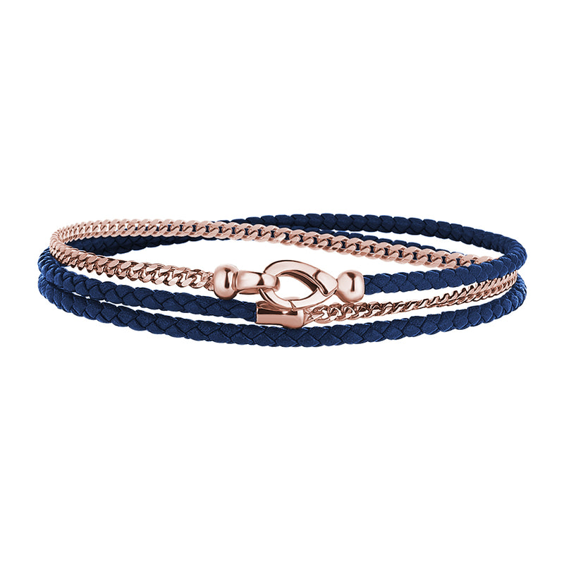 Men's 14K Real Rose Gold Cuban Chain & Blue Leather Wrap Bracelet