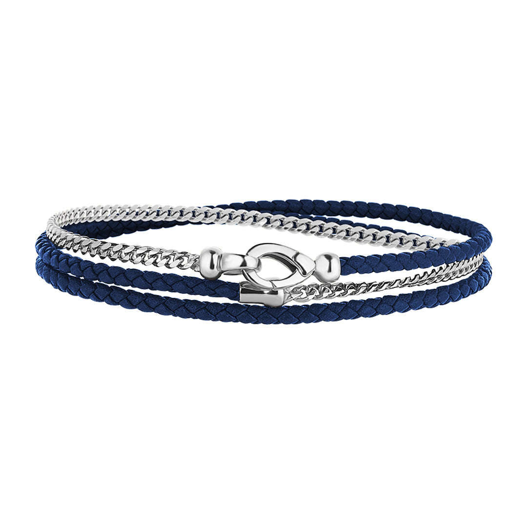 Men's 14K Real White Gold Cuban Chain & Blue Leather Wrap Bracelet