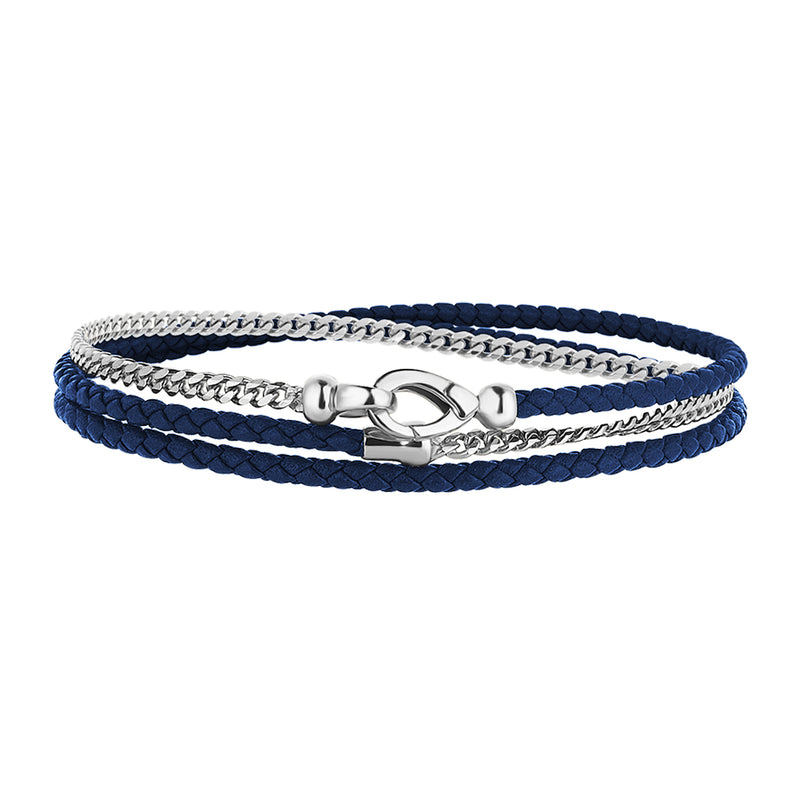 Men's Sterling Silver Cuban Chain & Blue Leather Wrap Bracelet 