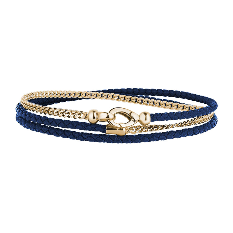 Men's Solid Silver Cuban Chain & Blue Leather Wrap Bracelet - Yellow Gold
