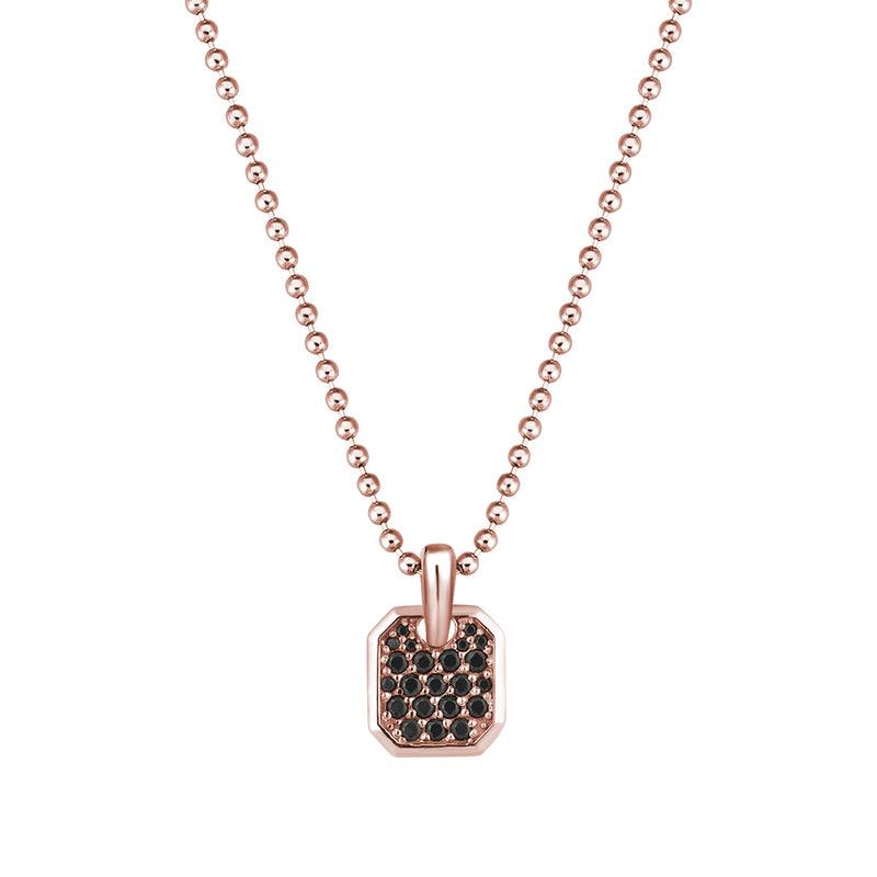 Men's Cushion Square Tag Pendant Paved with Black Diamond in Rose Gold