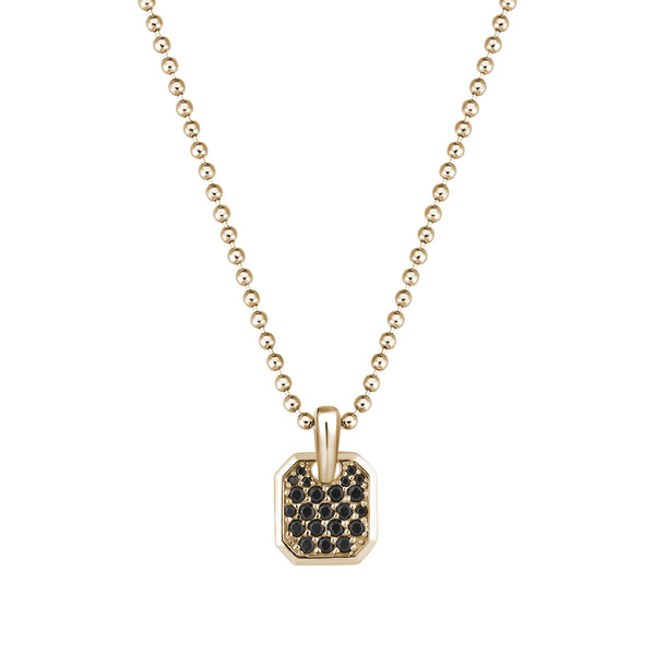 Men's Cushion Square Tag Pendant Paved with Black Diamond in Yellow Gold