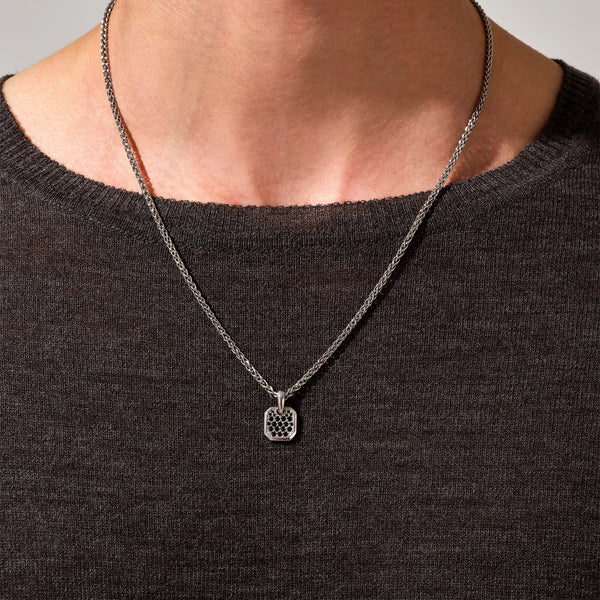 Men's Square Tag Pendant Paved with Black Diamond in White Gold