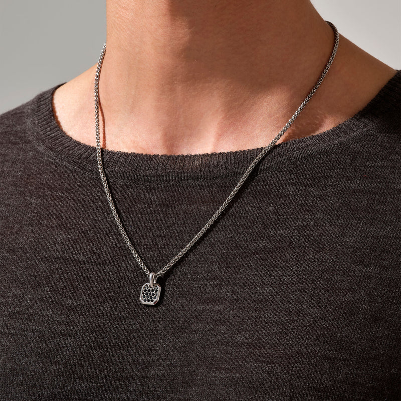 Men's Square Tag Pendant Paved with Black CZ in White Gold