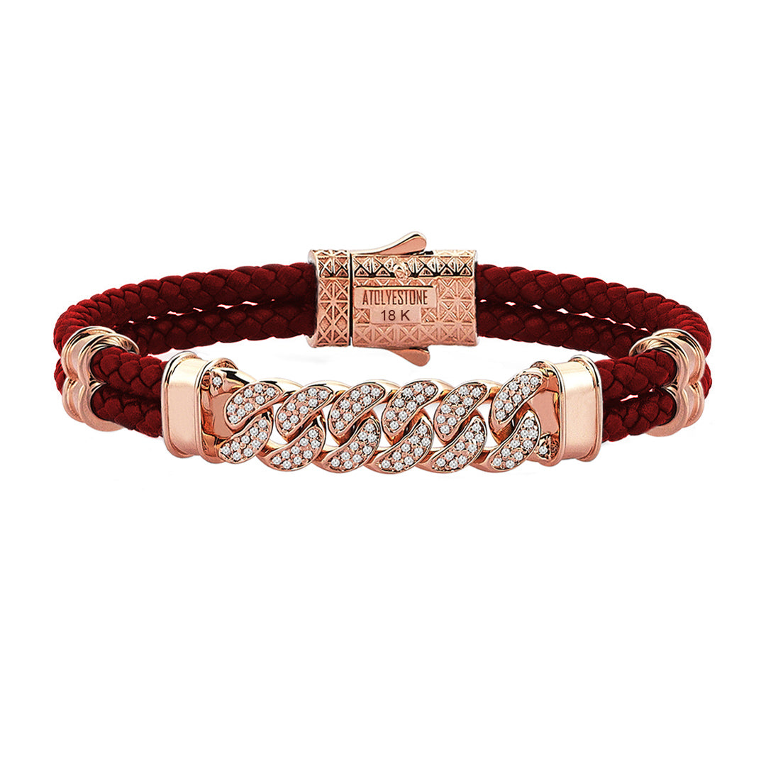 Mens Cuban Links Leather Bracelet - Dark Red Leather - Solid Rose Gold