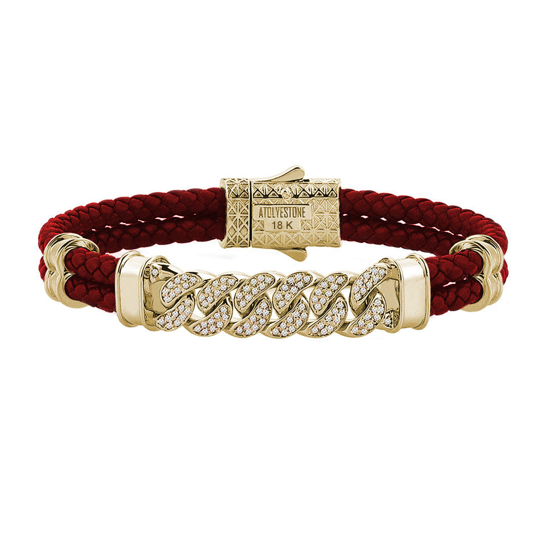 Mens Cuban Links Leather Bracelet - Dark Red Leather - Solid Yellow Gold